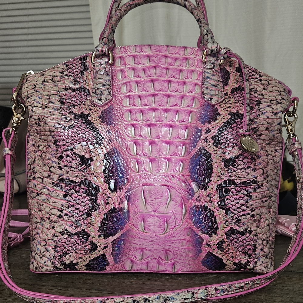 Brahmin Pink and Purple Pink Cobra Snake Print Satchel